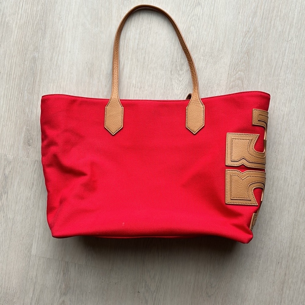 Red authentic Tory Burch canvas tote